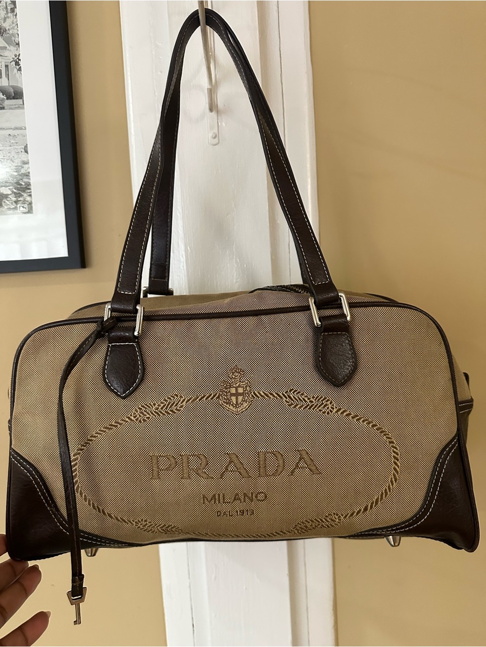 Prada Beige Canvas Satchel with Brown Leather Trim